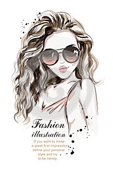 Beautiful young woman with long hair. Stylish hand drawn girl in sunglasses.