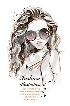 Beautiful young woman with long hair. Stylish hand drawn girl in sunglasses. photo