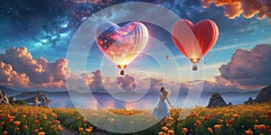 beautiful young woman looking at heart shaped hot air balloon