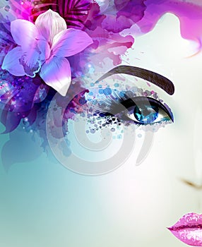 Beautiful young woman looks straight. Light blooming orchid decorated abstract hair.