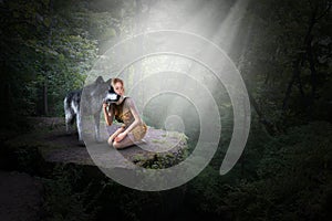 Fantasy Wild Wolf, Nature, Girl, Forest photo