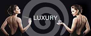 Beautiful young woman with luxury perfume on background. Banner design