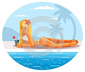 Beautiful young woman lying on swimming pool sunbathing with cocktail drink. Flat style illustration