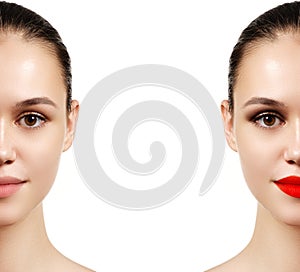 Beautiful young woman before and after make-up applying. Comparison portrait. Two parts of model face with and without makeup.