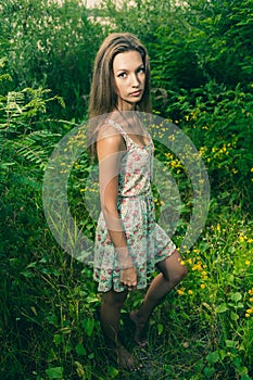 Beautiful Young Woman in Meadow of Flowers.