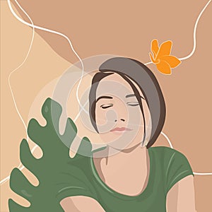 Beautiful young woman meditating, tropical leaf and flower/relaxation/ flat art