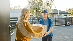 Beautiful Young Woman Meets Delivery Man who Gives Her Cardboard Box Package. Courier Delivering P