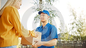 Beautiful Young Woman Meets Delivery Man who Gives Her Cardboard Box Package, She Signs Electronic