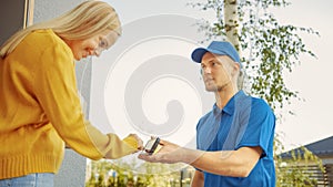 Beautiful Young Woman Meets Delivery Man who Gives Her Cardboard Box Package, She Signs Electronic