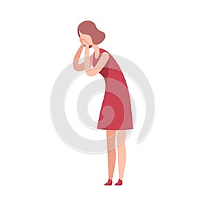 Beautiful Young Woman overing her Face with her Hands, Happy Attractive Girl Character Wearing Red Dress Flat Vector