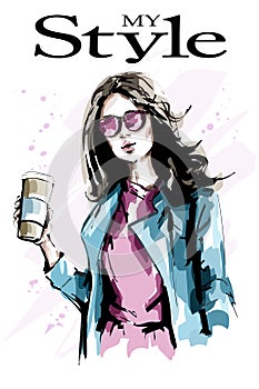 Beautiful young woman with paper coffee cup. Fashion woman in jacket. Stylish lady in sunglasses. Cute girl. Sketch.