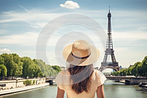 Beautiful young woman in Paris looking at the Eiffel tower, Rear view of woman tourist in sun hat standing in front of Eiffel