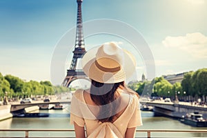 Beautiful young woman in Paris looking at the Eiffel tower, Rear view of woman tourist in sun hat standing in front of Eiffel