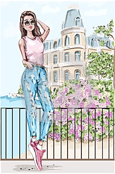 Beautiful young woman with picturesque landscape background. Hand drawn fashion woman with castle and flowers on background. photo