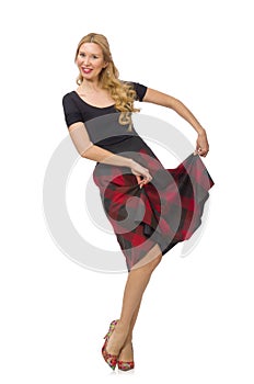 Beautiful young woman in plaid dress isolated on