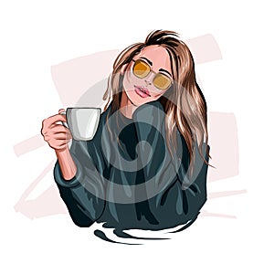 Beautiful young woman with plastic coffee cup in her hand. Stylish girl, colored drawing, realistic