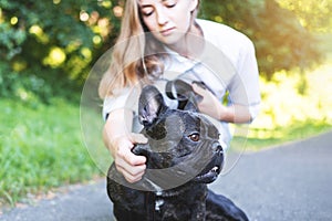 Beautiful young woman playing with her French bulldog in a park outdoors. Close-up portrait of pleased dog with short