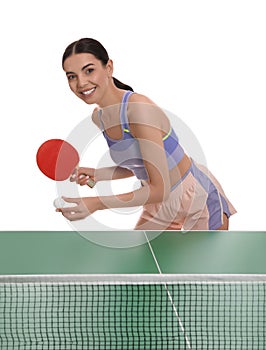 Beautiful young woman playing ping pong on white