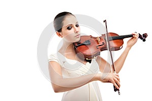 Beautiful young woman playing violin over white