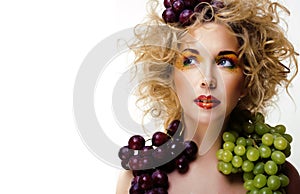 Beautiful young woman portrait excited smile with fantasy art hair makeup style, fashion girl with creative food fruit