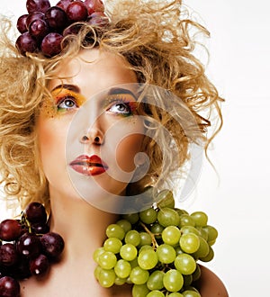 beautiful young woman portrait excited smile with fantasy art hair makeup style, fashion girl with creative food fruit