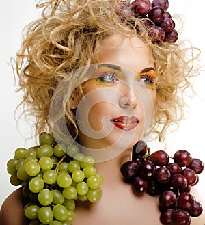 Beautiful young woman portrait excited smile with fantasy art hair makeup style, fashion girl with creative food fruit