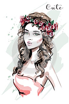 Beautiful young woman portrait. Fashion woman in flower wreath. Cute girl. Sketch.