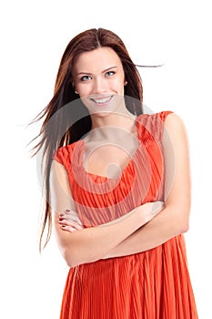 Beautiful young woman posing against white background