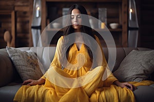Beautiful Young Woman Practicing Relaxation Yoga with Serene Composure in Her Cozy Living Room photo