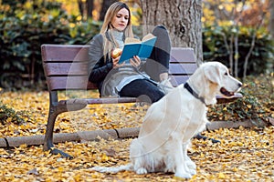 Beautiful young woman reading a book while sitting on bench with her lovely golden retriever dog in the park in autumn