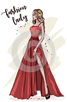 Beautiful young woman in red dress. Hand drawn girl in fashion clothes. Stylish fashion model. Sketch.