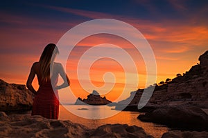 Beautiful young woman in red dress looking at sunset over the sea, Epic red sunset in Cala Llentrisca with model , Ibiza, AI