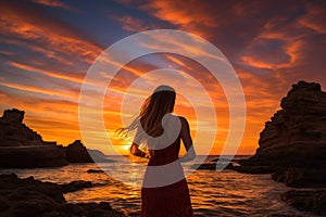 Beautiful young woman in red dress at sunset on the beach, Epic red sunset in Cala Llentrisca with a model, Ibiza, AI Generated