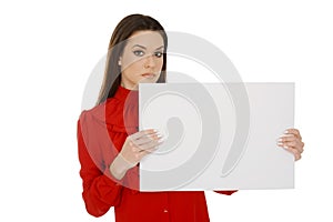 Beautiful young woman in red holding empty pieces of paper