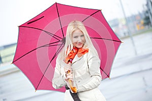 Beautiful Young Woman With Red Umbrella