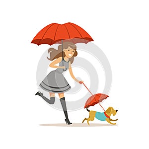 Beautiful young woman with red umbrella walking with her dog flat vector illustration