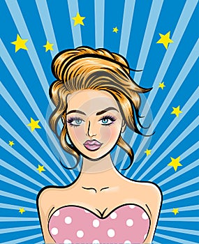 A beautiful young woman in retro pop art style. Blonde girl. Vector isolateed illustration.