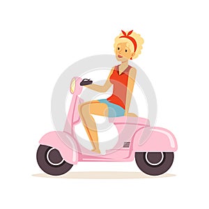 Beautiful young woman riding vintage scooter, girl dressed in retro style vector Illustration