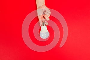 Beautiful young woman`s hands holding bulb   on pastel  background