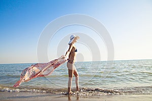 Beautiful young woman in sexy bikini standing at sea beach