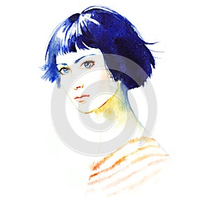 Beautiful young woman with short hair, watercolor illustration