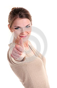 Beautiful young woman showing thumb up sign