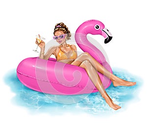 Beautiful young woman sitting on inflatable pink flamingo. Summer illustration