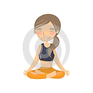 Beautiful young woman sitting in lotus position and meditating, teen girl practicing yoga in the padmasana pose cartoon