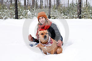 Beautiful young woman is sitting on a snow and playing with her American Staffordshire Terrier dog in winter coniferous forest