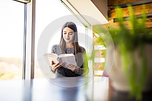 Beautiful young woman sitting by the window reading a book