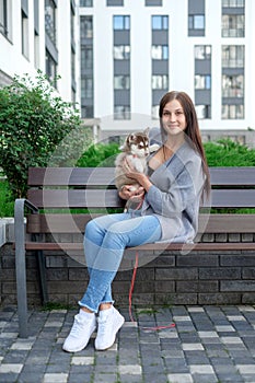 Beautiful young woman sitting on wooden bench and enjoy with her cute little husky puppy