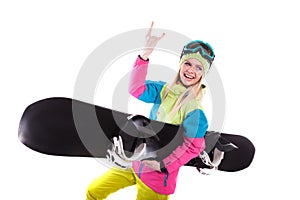 beautiful young woman in ski outfit and ski glasses hold snowboa