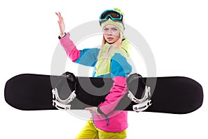 beautiful young woman in ski outfit and ski glasses hold snowboa