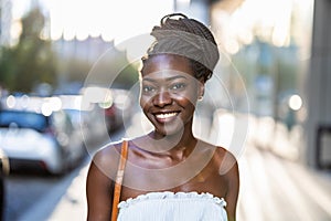 Beautiful young woman smiling in the city